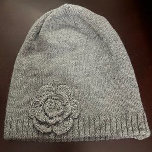 Gray beanie with side crocheted flower detail
